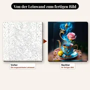 Malen nach Zahlen rosa Blumen in einer Barock-Teetasse – vorher und nachher: vorgezeichnete Leinwand und fertiges Gemälde