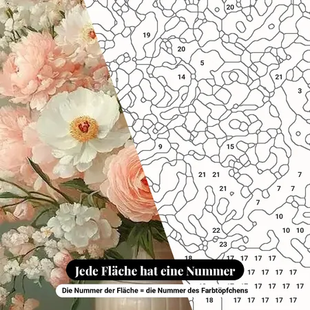 Malen nach Zahlen rosa Pfingstrosenstrauß in einer Vase – nummerierte Leinwand zum Malen