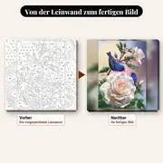 Malen nach Zahlen weiße Rose und blaue Vögel – vorher und nachher: vorgezeichnete Leinwand und fertiges Gemälde