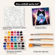 Malen nach Zahlen schwarz-weiße Katze mit leuchtendem Herz – Set-Inhalt: vorgezeichnete Leinwand, Farben, Pinsel