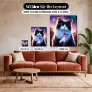 Malen nach Zahlen schwarz-weiße Katze mit leuchtendem Herz – verfügbare Formate im Größenvergleich zu einem Sofa