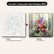 Malen nach Zahlen Strauß aus Pfingstrosen und Rosen – vorher und nachher: vorgezeichnete Leinwand und fertiges Gemälde