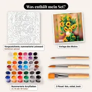 Malen nach Zahlen Sonnenblumenvase auf einem Tisch – Set-Inhalt: vorgezeichnete Leinwand, Farben, Pinsel