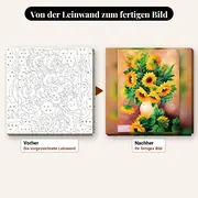 Malen nach Zahlen Sonnenblumenvase auf einem Tisch – vorher und nachher: vorgezeichnete Leinwand und fertiges Gemälde