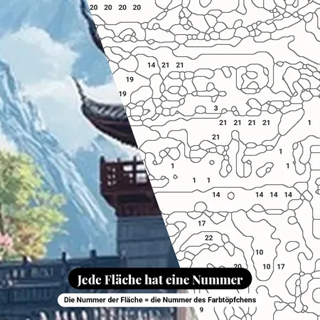 Malen nach Zahlen Steinbrücke und Pagode unter Kirschbäumen – nummerierte Leinwand zum Malen