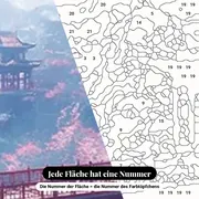 Malen nach Zahlen Pagode und rote Brücke unter Kirschbäumen – Nahaufnahme der nummerierten Leinwand