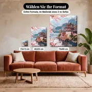 Malen nach Zahlen japanische Pagode an einem Bergsee – verfügbare Formate im Größenvergleich zu einem Sofa