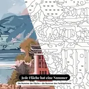 Malen nach Zahlen japanische Pagode an einem Bergsee – Nahaufnahme der nummerierten Leinwand
