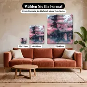 Malen nach Zahlen Pagode und Kirschbäume mit Steinbrücke – verfügbare Formate im Größenvergleich zu einem Sofa