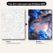 Malen nach Zahlen Manga-Mädchen mit blauen Rosen – vorher und nachher: vorgezeichnete Leinwand und fertiges Gemälde