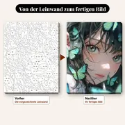 Malen nach Zahlen Manga-Mädchen mit schwarzen Haaren und blauen Schmetterlingen – vorher und nachher: vorgezeichnete Leinwand und fertiges Gemälde