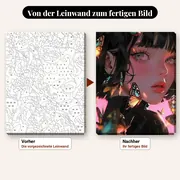 Malen nach Zahlen Manga-Mädchen und Schmetterlinge – vorher und nachher: vorgezeichnete Leinwand und fertiges Gemälde