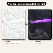 Malen nach Zahlen Yuta Okkotsu mit violettem Schwert – vorher und nachher: vorgezeichnete Leinwand und fertiges Gemälde