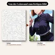 Malen nach Zahlen Nobara Kugisaki in Schuluniform – vorher und nachher: vorgezeichnete Leinwand und fertiges Gemälde