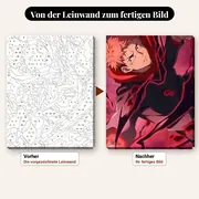 Malen nach Zahlen Yuji Itadori mit roter Kapuze – vorher und nachher: vorgezeichnete Leinwand und fertiges Gemälde