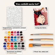 Malen nach Zahlen Yuji, Megumi, Nobara und Gojo liegend – Set-Inhalt: vorgezeichnete Leinwand, Farben, Pinsel