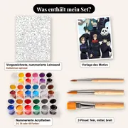 Malen nach Zahlen Jujutsu-Kaisen-Gruppe mit blauem Bokeh-Hintergrund – Set-Inhalt: vorgezeichnete Leinwand, Farben, Pinsel