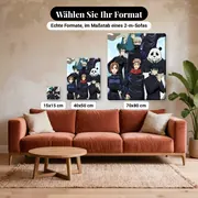 Malen nach Zahlen Jujutsu-Kaisen-Gruppe mit blauem Bokeh-Hintergrund – verfügbare Formate im Größenvergleich zu einem Sofa