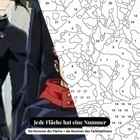 Malen nach Zahlen Jujutsu-Kaisen-Gruppe mit blauem Bokeh-Hintergrund – nummerierte Leinwand zum Malen