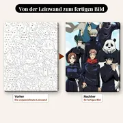 Malen nach Zahlen Jujutsu-Kaisen-Gruppe mit blauem Bokeh-Hintergrund – vorher und nachher: vorgezeichnete Leinwand und fertiges Gemälde