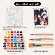 Malen nach Zahlen Jujutsu-Kaisen-Gruppe mit beigem Hintergrund und Victory-Zeichen – Set-Inhalt: vorgezeichnete Leinwand, Farben, Pinsel