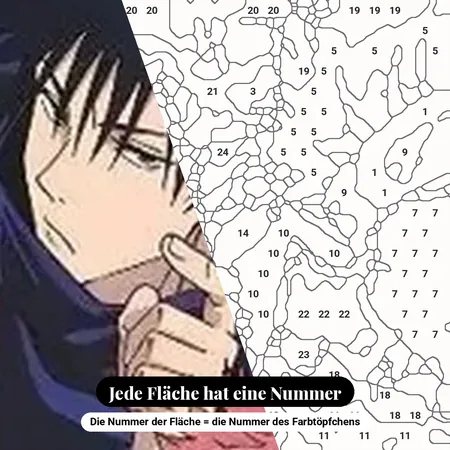 Malen nach Zahlen Jujutsu-Kaisen-Gruppe mit beigem Hintergrund und Victory-Zeichen – nummerierte Leinwand zum Malen