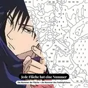 Malen nach Zahlen Jujutsu-Kaisen-Gruppe mit beigem Hintergrund und Victory-Zeichen – Nahaufnahme der nummerierten Leinwand