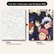 Malen nach Zahlen Jujutsu-Kaisen-Gruppe mit beigem Hintergrund und Victory-Zeichen – vorher und nachher: vorgezeichnete Leinwand und fertiges Gemälde