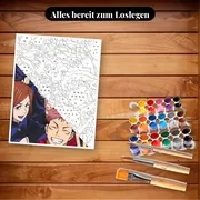 Malen nach Zahlen Jujutsu-Kaisen-Gruppe mit beigem Hintergrund und Victory-Zeichen – Set bereit zum Loslegen auf dem Tisch