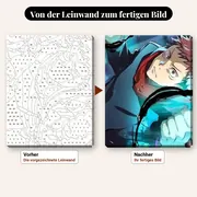 Malen nach Zahlen Itadori Yuji im Kampf – vorher und nachher: vorgezeichnete Leinwand und fertiges Gemälde