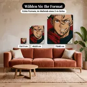 Malen nach Zahlen Yuji Itadori und Sukuna mit geteiltem Gesicht – verfügbare Formate im Größenvergleich zu einem Sofa
