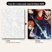 Malen nach Zahlen Satoru Gojo und rotes Monster Jujutsu Kaisen – vorher und nachher: vorgezeichnete Leinwand und fertiges Gemälde