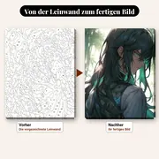 Malen nach Zahlen Tokito Muichiro im Bambuswald – vorher und nachher: vorgezeichnete Leinwand und fertiges Gemälde