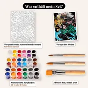 Malen nach Zahlen Tanjiro, Zenitsu, Inosuke und Nezuko mit Elementeffekten – Set-Inhalt: vorgezeichnete Leinwand, Farben, Pinsel