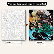 Malen nach Zahlen Tanjiro, Zenitsu, Inosuke und Nezuko mit Elementeffekten – vorher und nachher: vorgezeichnete Leinwand und fertiges Gemälde