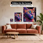Malen nach Zahlen psychedelische bunte Katze auf schwarzem Hintergrund – verfügbare Formate im Größenvergleich zu einem Sofa