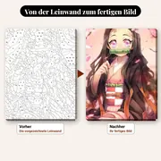 Malen nach Zahlen Nezuko Kamado unter blühenden Kirschbäumen – vorher und nachher: vorgezeichnete Leinwand und fertiges Gemälde
