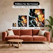 Malen nach Zahlen Zenitsu Agatsuma mit Blitzen vor schwarzem Hintergrund – verfügbare Formate im Größenvergleich zu einem Sofa