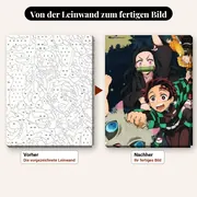 Malen nach Zahlen Tanjiro, Nezuko, Zenitsu und Inosuke bei Nacht – vorher und nachher: vorgezeichnete Leinwand und fertiges Gemälde