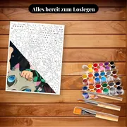 Malen nach Zahlen Tanjiro, Nezuko, Zenitsu und Inosuke bei Nacht – Set bereit zum Loslegen auf dem Tisch