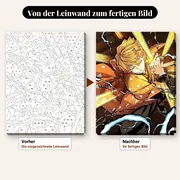 Malen nach Zahlen Zenitsu Agatsuma mit orangefarbenen Laternen – vorher und nachher: vorgezeichnete Leinwand und fertiges Gemälde