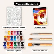 Malen nach Zahlen brennender Fußball – Set-Inhalt: vorgezeichnete Leinwand, Farben, Pinsel