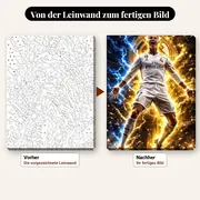 Malen nach Zahlen Cristiano Ronaldo Real Madrid mit Krone und blauen Blitzen – vorher und nachher: vorgezeichnete Leinwand und fertiges Gemälde
