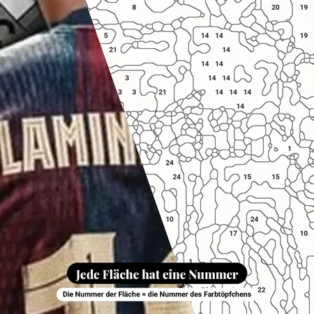 Malen nach Zahlen Lamine Yamal Trikot Nr. 10 Barcelona mit Fotohintergrund – nummerierte Leinwand zum Malen