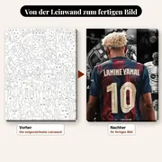 Malen nach Zahlen Lamine Yamal Trikot Nr. 10 Barcelona mit Fotohintergrund – vorher und nachher: vorgezeichnete Leinwand und fertiges Gemälde
