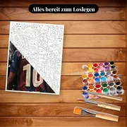 Malen nach Zahlen Lamine Yamal Trikot Nr. 10 Barcelona mit Fotohintergrund – Set bereit zum Loslegen auf dem Tisch