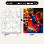 Malen nach Zahlen Barcelona: Lamine Yamal lächelnd vor goldenem Stern – vorher und nachher: vorgezeichnete Leinwand und fertiges Gemälde