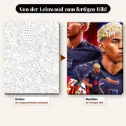 Malen nach Zahlen Barcelona: Lamine Yamal blond im marineblauen Trikot – vorher und nachher: vorgezeichnete Leinwand und fertiges Gemälde