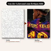 Malen nach Zahlen Barcelona – Lamine Yamal Rückansicht Trikot Nr. 10 – vorher und nachher: vorgezeichnete Leinwand und fertiges Gemälde