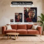 Malen nach Zahlen Lamine Yamal mit Fingerrahmen auf dunklem Hintergrund – verfügbare Formate im Größenvergleich zu einem Sofa